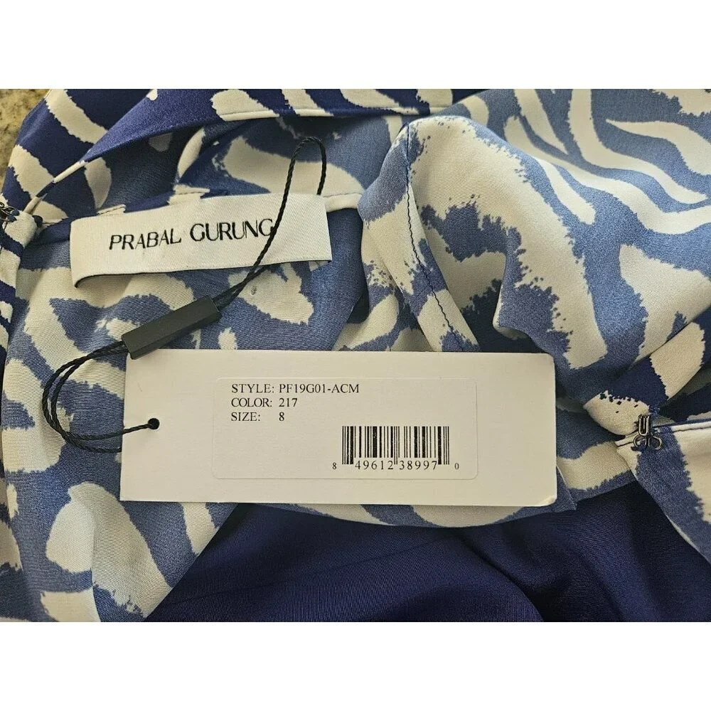 PRABAL GARUNG Blue and White Printed Silk Long Dress Ruched Bodice Size 8 - Picture 7 of 11